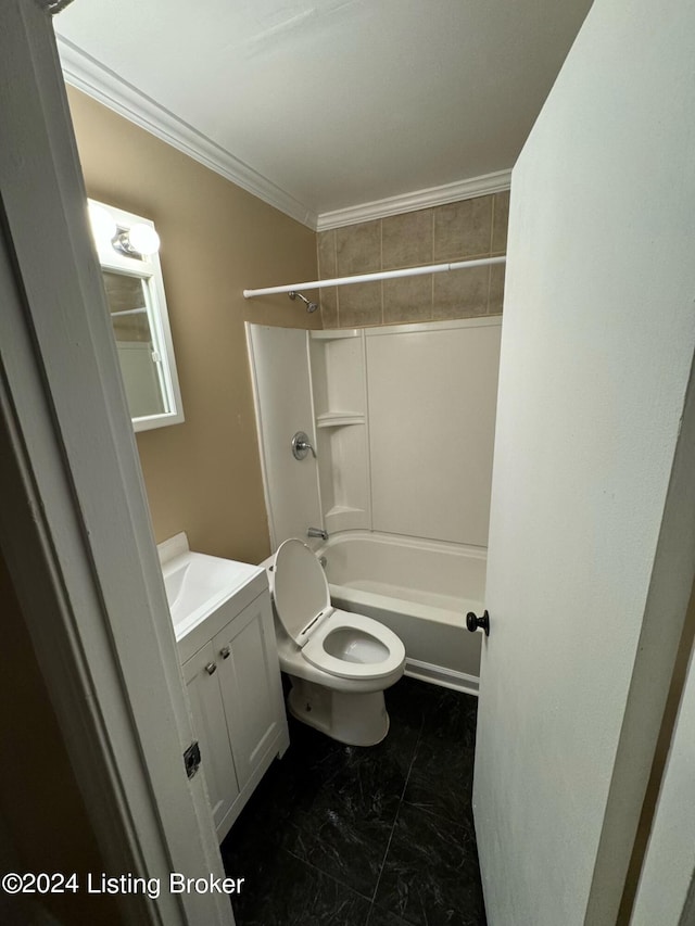 full bathroom featuring ornamental molding, shower / bathtub combination, vanity, and toilet