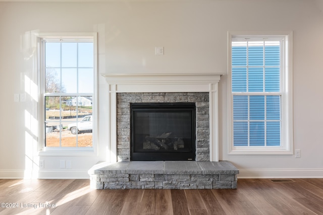 room details featuring a fireplace and wood-type flooring