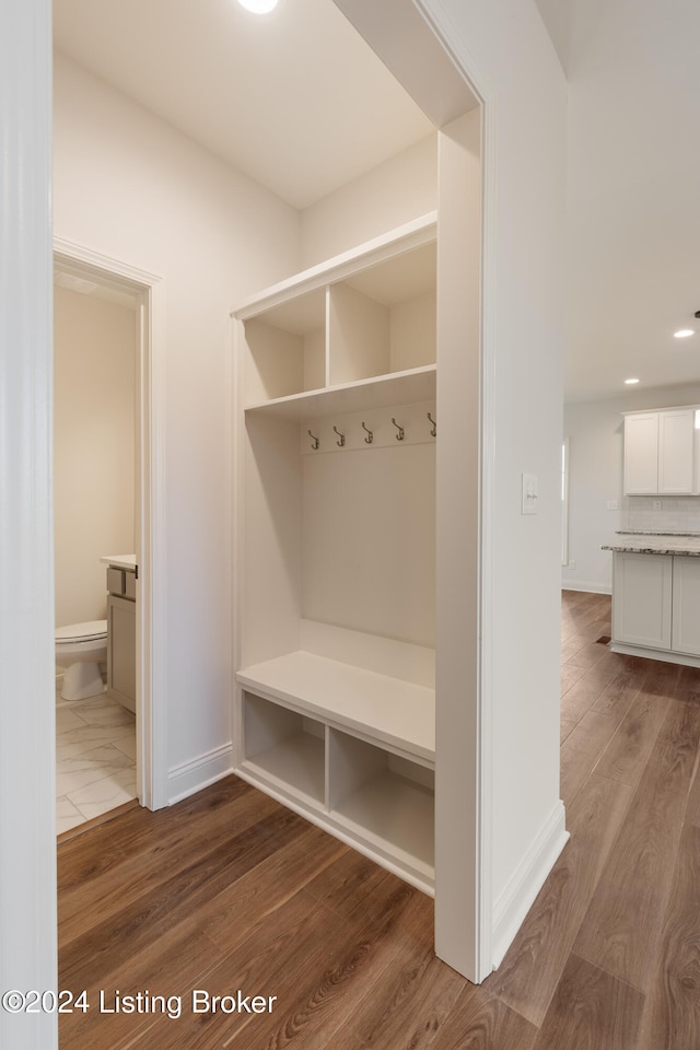 mudroom with hardwood / wood-style flooring