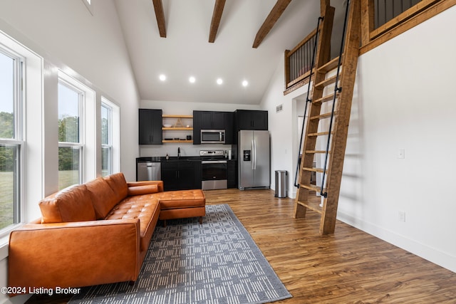 living room featuring hardwood / wood-style floors, high vaulted ceiling, sink, and plenty of natural light