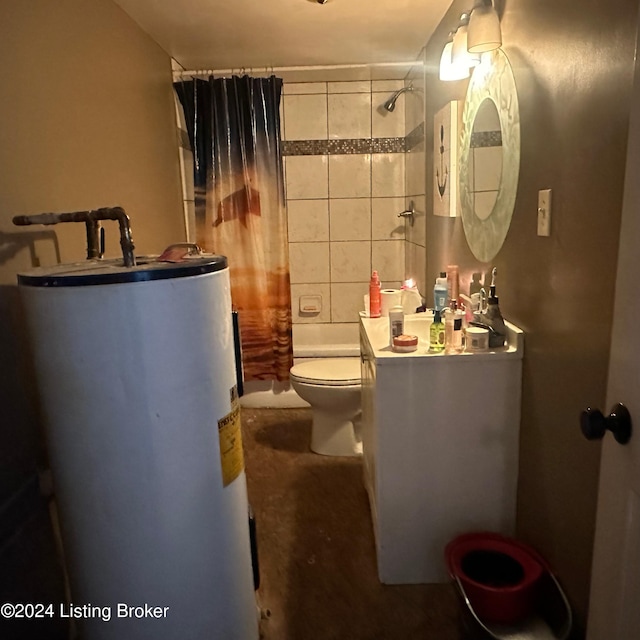 full bathroom with vanity, water heater, toilet, and shower / tub combo with curtain