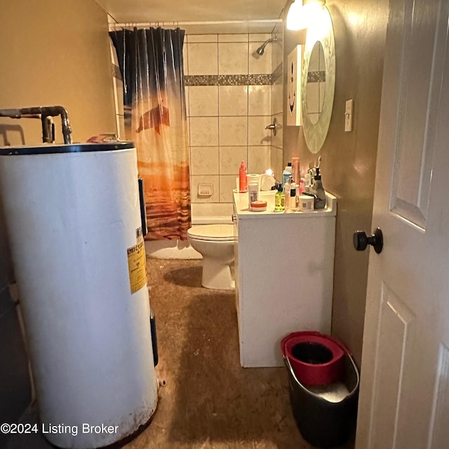 full bathroom with shower / bath combo, water heater, toilet, and vanity