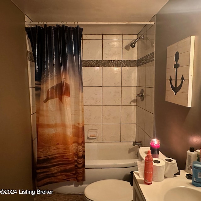 full bathroom with shower / tub combo, toilet, and vanity