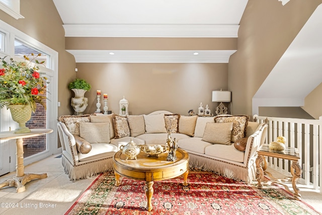 carpeted living room featuring ornamental molding and lofted ceiling