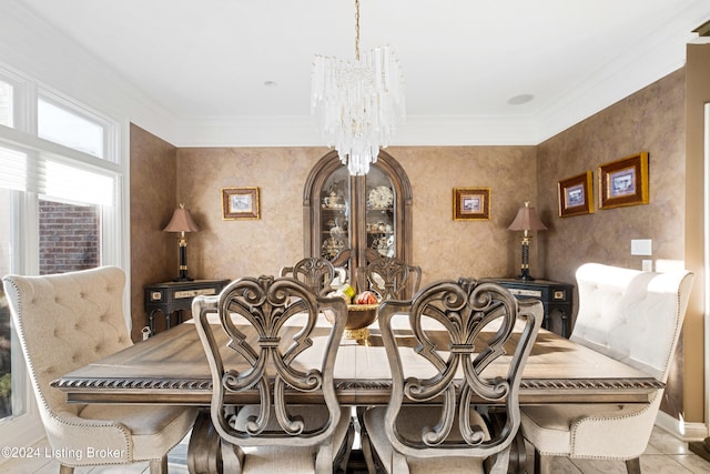 tiled dining room with crown molding and an inviting chandelier