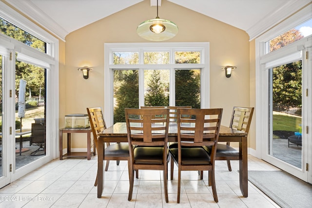 dining room featuring a healthy amount of sunlight and vaulted ceiling