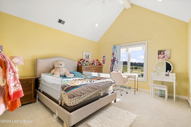 carpeted bedroom with ceiling fan, high vaulted ceiling, and beamed ceiling