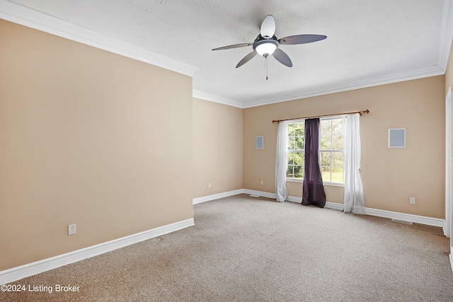 spare room featuring ornamental molding and light carpet