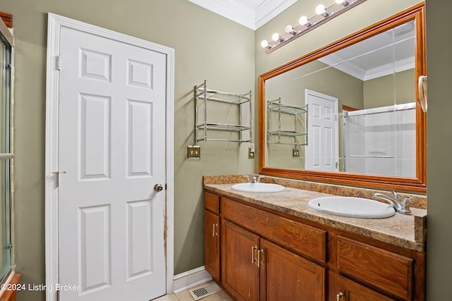 bathroom with ornamental molding, vanity, and a shower with shower curtain