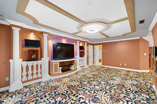 living room featuring carpet floors, ornamental molding, and ornate columns