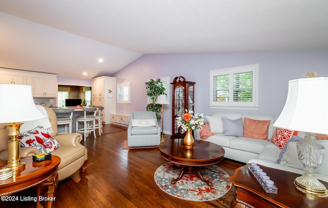 living room with lofted ceiling and dark hardwood / wood-style flooring