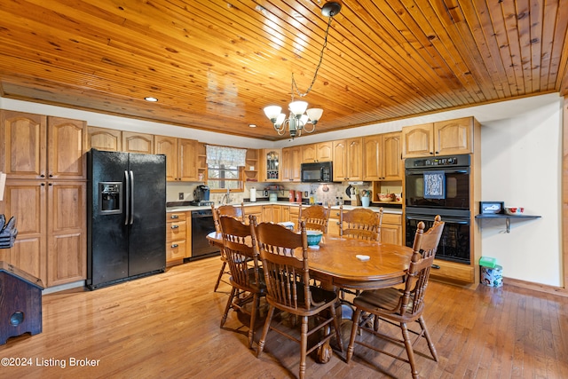 dining area featuring light wood-type flooring, crown molding, wooden ceiling, and an inviting chandelier