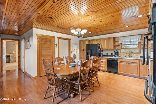 dining space with a notable chandelier, light wood-type flooring, sink, and wood ceiling