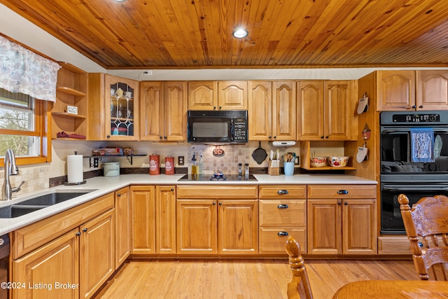 kitchen with light hardwood / wood-style flooring, sink, wood ceiling, and black appliances