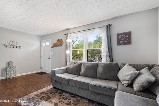 living room featuring a textured ceiling and dark hardwood / wood-style flooring