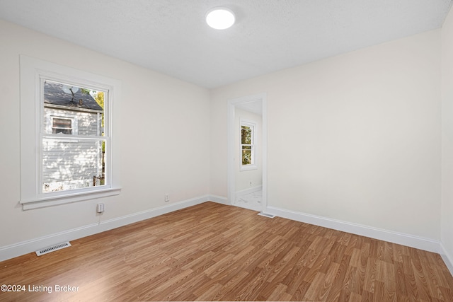 spare room with a wealth of natural light, light hardwood / wood-style flooring, and a textured ceiling