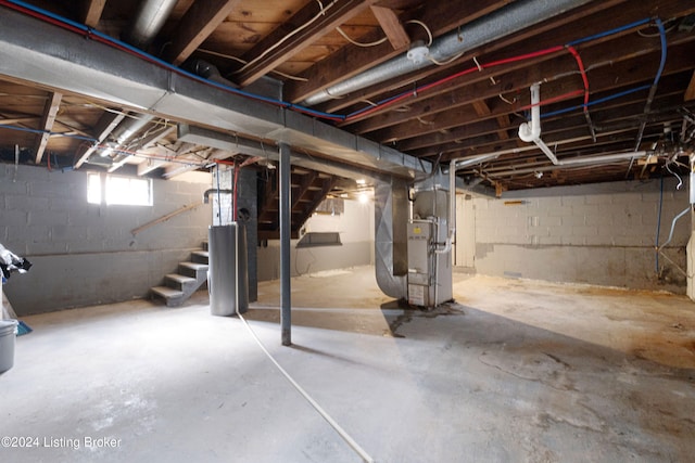 basement featuring heating unit