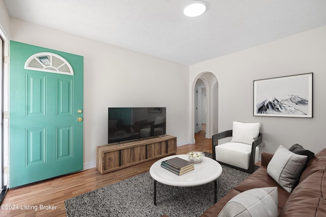 living room featuring wood-type flooring and a textured ceiling