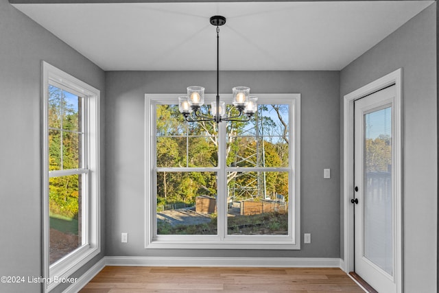 unfurnished dining area with a chandelier and wood-type flooring