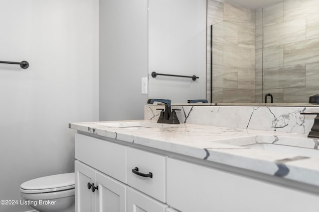 bathroom with a shower with door, vanity, and toilet