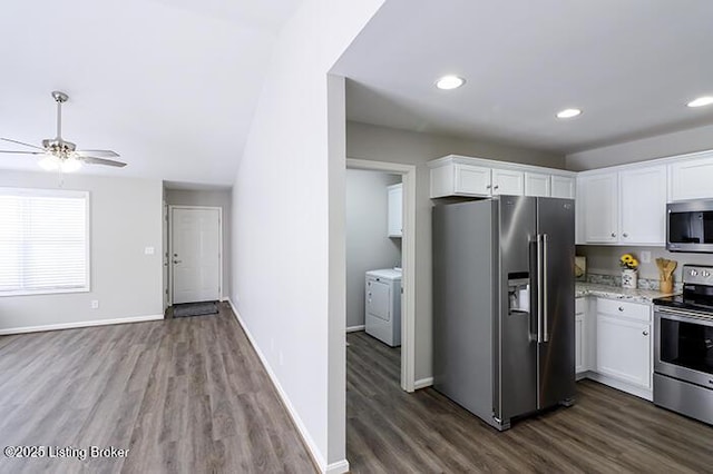 kitchen featuring appliances with stainless steel finishes, ceiling fan, white cabinets, and dark hardwood / wood-style floors