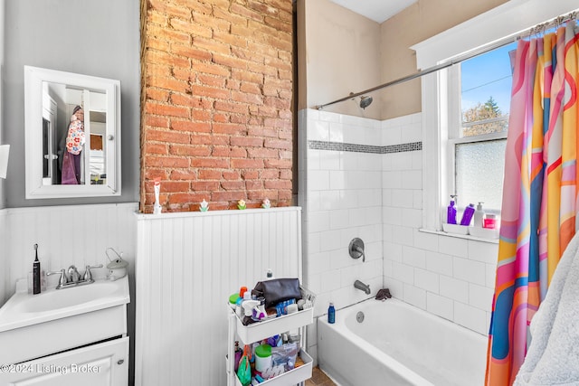 bathroom with vanity and shower / bathtub combination with curtain