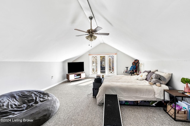 bedroom featuring vaulted ceiling, carpet flooring, and ceiling fan