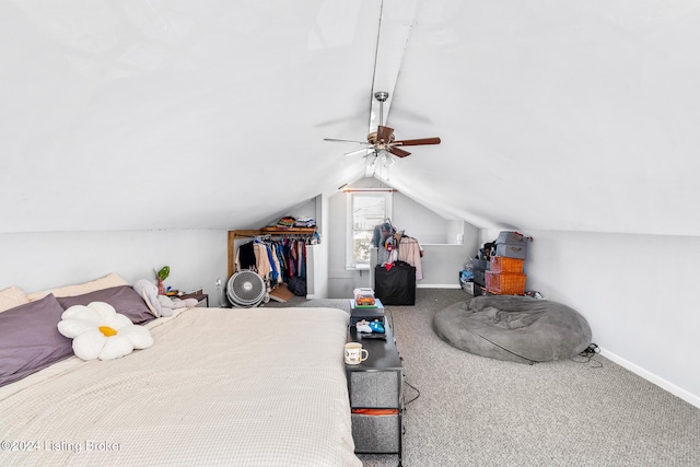 bedroom featuring lofted ceiling, carpet flooring, and ceiling fan