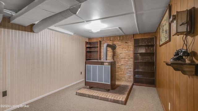 basement with wood walls, carpet floors, and built in features