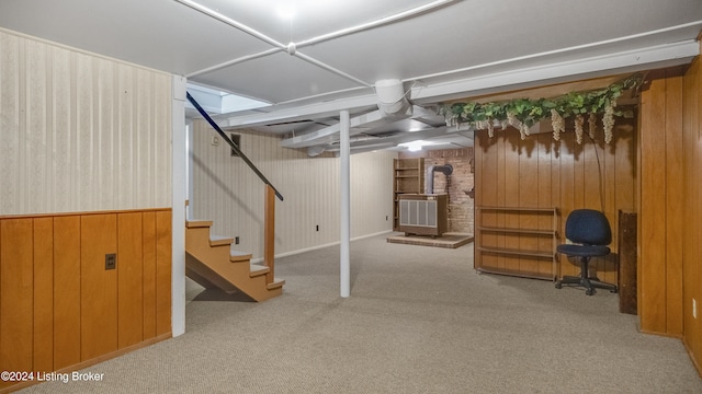 basement with wooden walls, carpet, and a wood stove