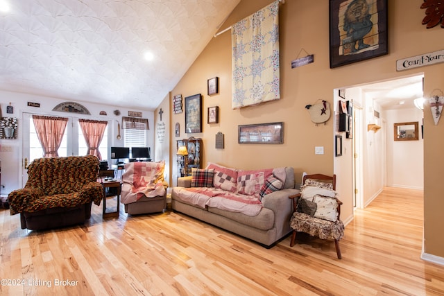 living room with high vaulted ceiling and light hardwood / wood-style floors