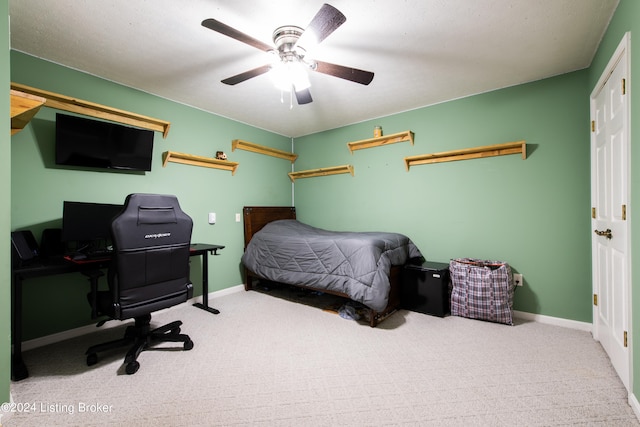 bedroom with light colored carpet and ceiling fan