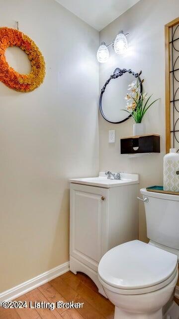 bathroom featuring toilet, hardwood / wood-style floors, and vanity