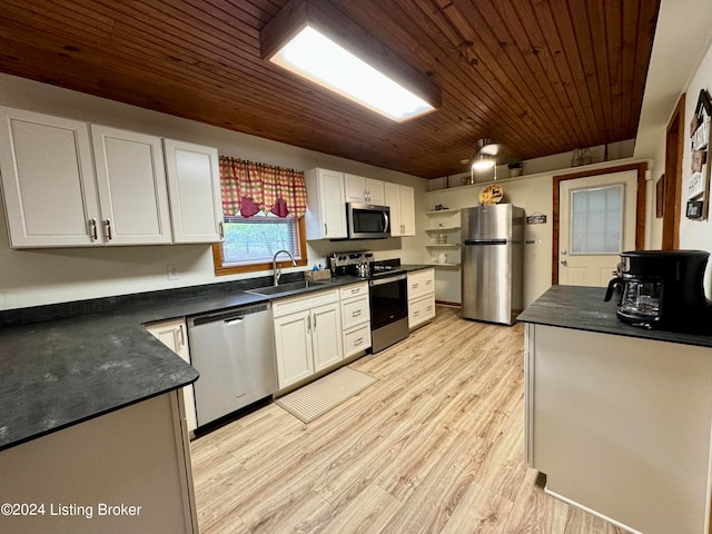 308 Oak Rd, Falls Of Rough, KY 40119 - kitchen with white cabinetry, wooden ceiling, sink, light hardwood / wood-style floors, and stainless steel appliances
