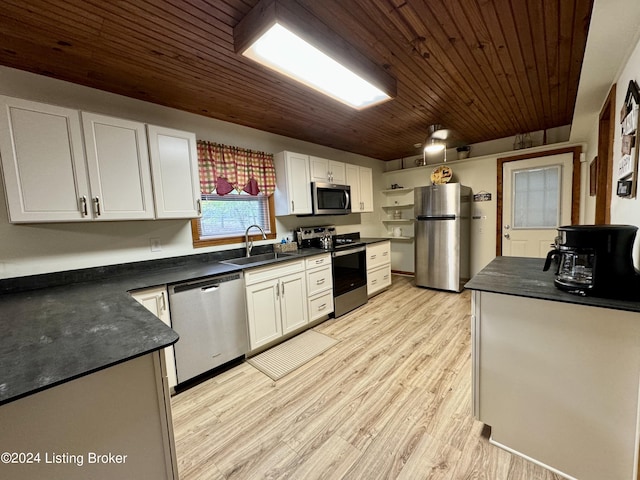 308 Oak Rd, Falls Of Rough, KY 40119 - kitchen with appliances with stainless steel finishes, dark countertops, light wood-style floors, white cabinets, and wooden ceiling