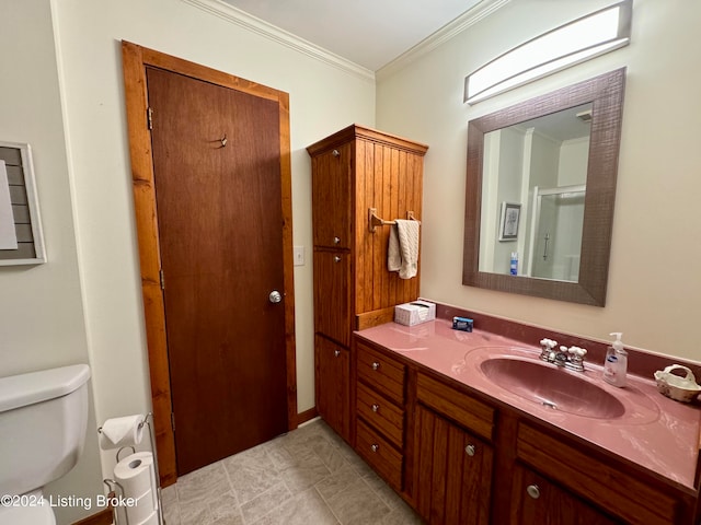 308 Oak Rd, Falls Of Rough, KY 40119 - bathroom with toilet, walk in shower, vanity, crown molding, and tile patterned flooring