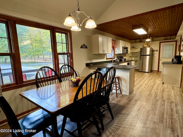 308 Oak Rd, Falls Of Rough, KY 40119 - dining room featuring sink, wood ceiling, light hardwood / wood-style floors, lofted ceiling, and an inviting chandelier