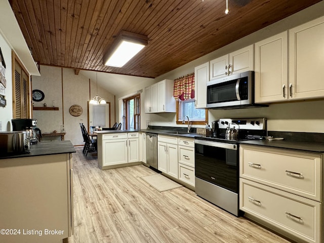 308 Oak Rd, Falls Of Rough, KY 40119 - kitchen featuring appliances with stainless steel finishes, wood ceiling, a peninsula, dark countertops, and light wood-style flooring