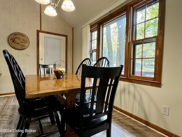 308 Oak Rd, Falls Of Rough, KY 40119 - dining room featuring wood finished floors, a chandelier, and vaulted ceiling