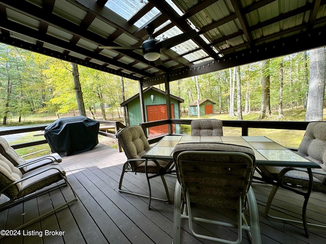 308 Oak Rd, Falls Of Rough, KY 40119 - deck with a storage shed, area for grilling, and ceiling fan