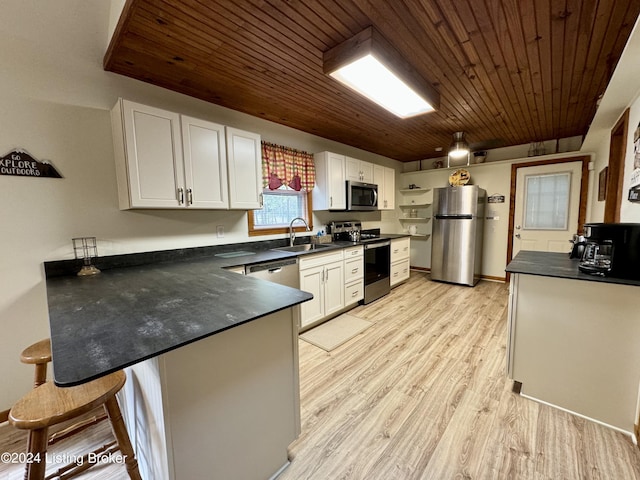 308 Oak Rd, Falls Of Rough, KY 40119 - kitchen featuring a peninsula, dark countertops, stainless steel appliances, light wood-style floors, and wooden ceiling