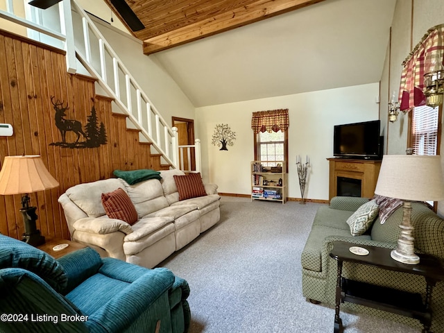 308 Oak Rd, Falls Of Rough, KY 40119 - carpeted living area with stairs, beamed ceiling, and high vaulted ceiling