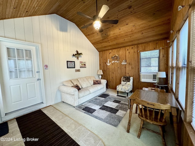 308 Oak Rd, Falls Of Rough, KY 40119 - living room featuring vaulted ceiling, wood ceiling, wood walls, and a ceiling fan