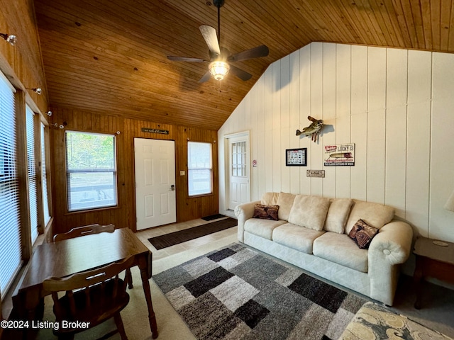 308 Oak Rd, Falls Of Rough, KY 40119 - carpeted living room featuring lofted ceiling, wood walls, wooden ceiling, and ceiling fan