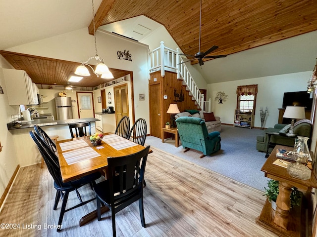 308 Oak Rd, Falls Of Rough, KY 40119 - dining area with beam ceiling, high vaulted ceiling, wooden ceiling, ceiling fan with notable chandelier, and light hardwood / wood-style floors