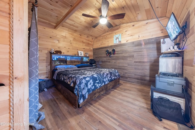 bedroom featuring wooden walls, wood ceiling, lofted ceiling, and wood finished floors