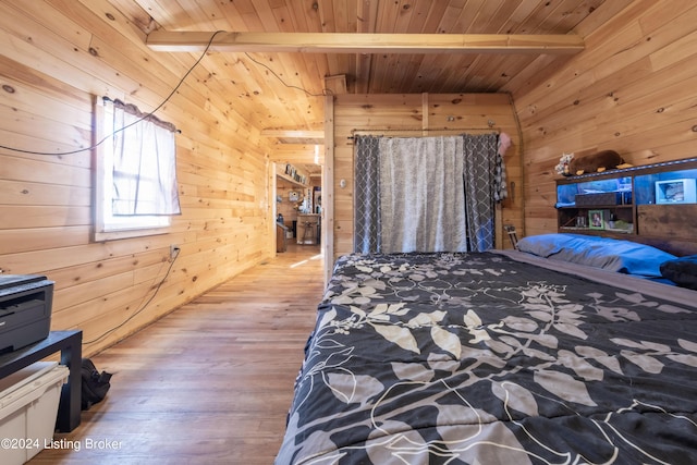 bedroom featuring wood finished floors, wood ceiling, beam ceiling, and wooden walls