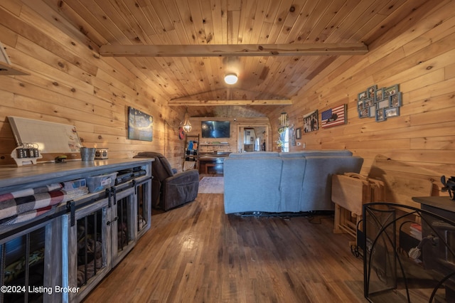 living room featuring wooden walls, wooden ceiling, vaulted ceiling with beams, and hardwood / wood-style floors