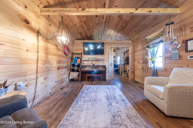 living room featuring wooden walls, wooden ceiling, and wood finished floors