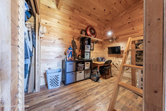 interior space featuring wooden walls and wood finished floors